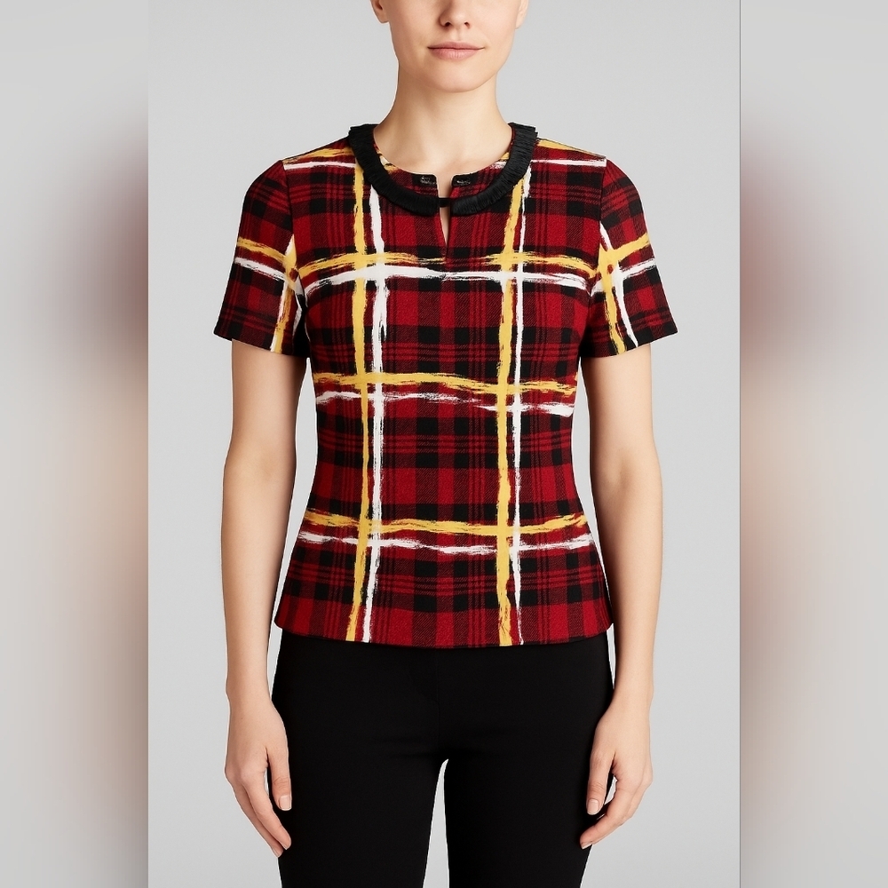 Marc by Marc Jacobs Red Plaid Short Sleeve Top w/ Black Trim – NWT Size M